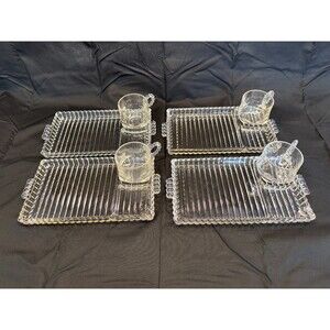 Vintage Hazel Atlas Orchard Crystal Ball & Rib Snack Set with 4 Trays & 4 Cups